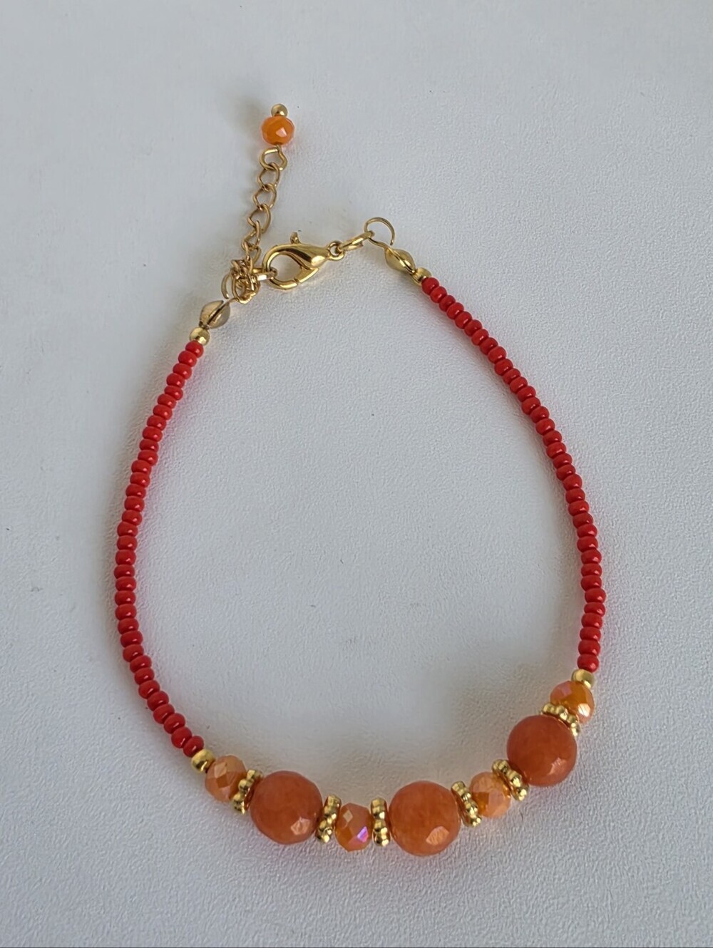 Orange Agate Beaded Bracelet Red Seed Beads Gold Plated Handmade 7"+2" - Picture 5 of 8